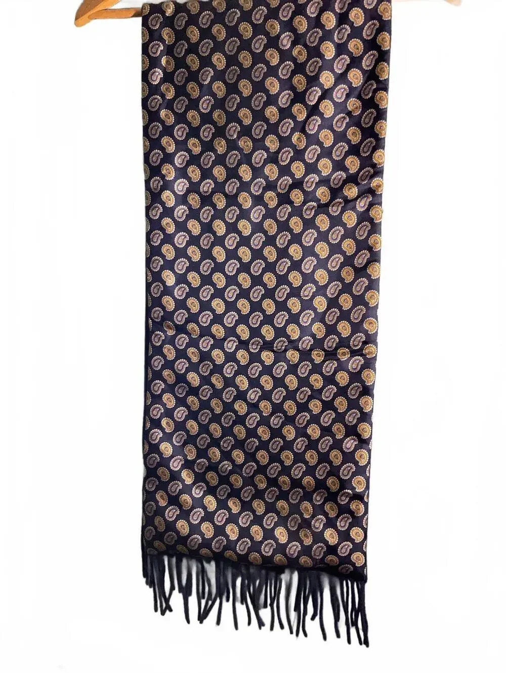 Geoffrey Beene Navy Blue/ Paisley Silk/Wool Reversible Scarf with Fringe